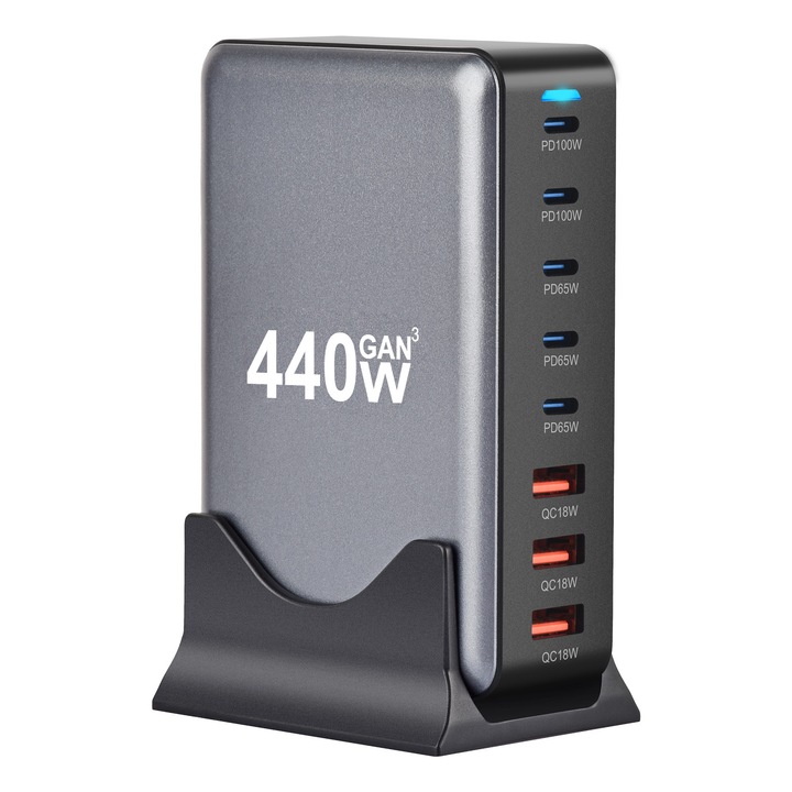 Зарядна станция с 8 порта RiKbo® 440W GaN3 PD 3.0, QC3.0, QC2.0, PD, USB Type-C Бързо зареждане за смартфон, MacBook Pro, лаптоп