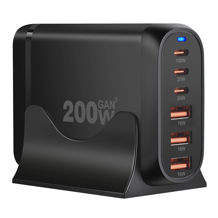 USB зарядна станция 200W GaN PRO 6 в 1, 3 USB-C & 3 USB-A, ултра бързо зареждане за 6 устройства, усъвършенствана защита и ефективно разсейване на топлината, универсално зареждане за лаптопи и телефони, компактен и мощен, Staryon, черен