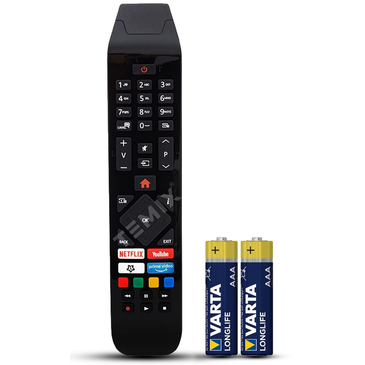 Telecomanda compatibila Hitachi smart, RC43140/RC43141, butoane dedicate Netflix, Youtube, Prime Video, TEMIX®, baterii incluse