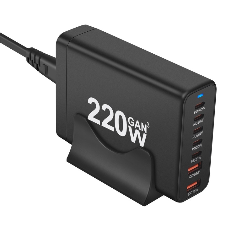 RiKbo, 220W GaN3 зарядна станция 7 порта PD 3.0, QC3.0, QC2.0, PD, USB Type-C Бързо зареждане за смартфон, MacBook Pro, лаптоп, iPad, Samsung Galaxy, iPhone