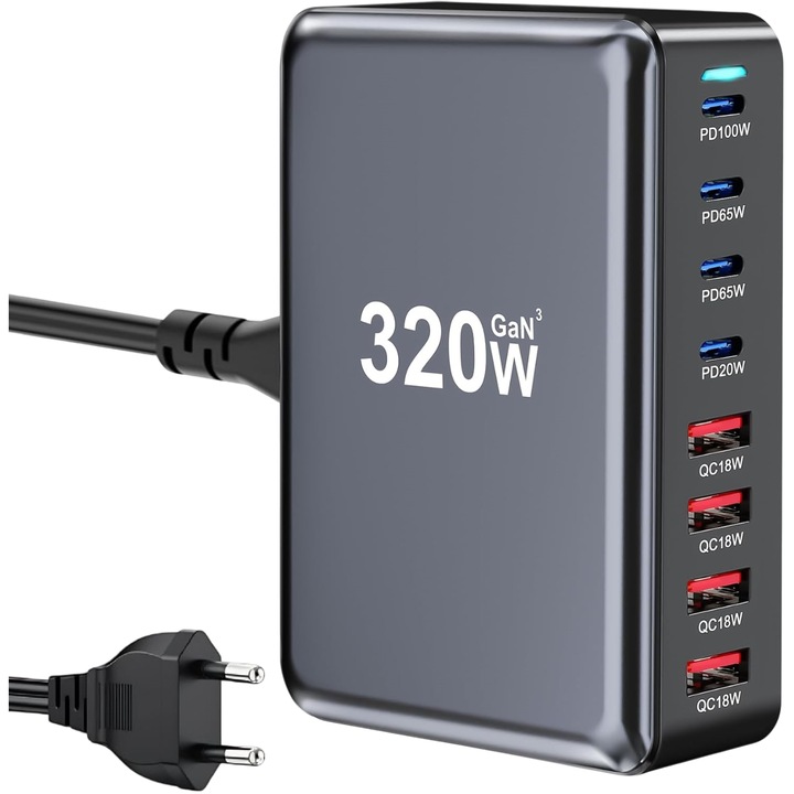 Statie de Incarcare USB 320W GaN PRO 8 in 1, 4 USB-C & 4 USB-A, Incarcare Ultrarapida pentru 8 Dispozitive, Protectie si Disipare Eficienta a Caldurii, Incarcare Universala pentru Laptopuri & Telefoane, Compacta si Puternica, Staryon®, Negru
