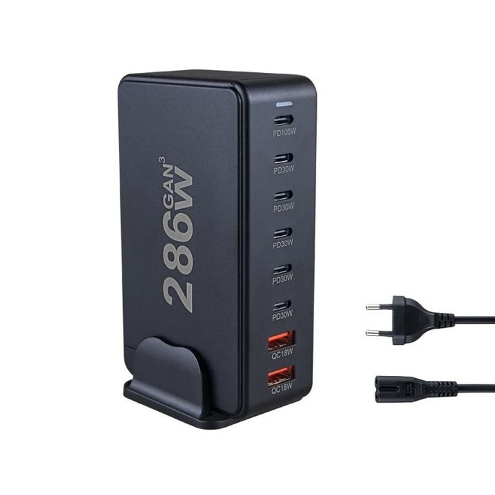 Станция за зареждане, 286W GaN PRO 8 в 1 USB, 6 USB-C и 2 USB-A, ултра-бързо зареждане за 8 устройства, защита и ефективно разсейване на топлината, универсално зареждане за лаптопи и телефони, компактен и мощен, Staryon, черен