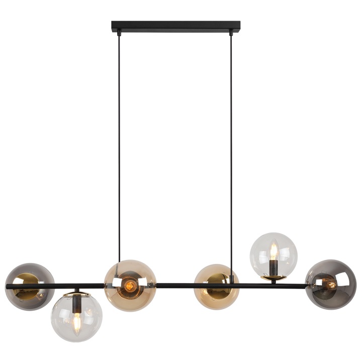 Lampa suspendata, LightHome, Siena, E14, 230V, 60W, Alimentareade la retea, 6 puncte de lumina, Reglarea inaltimii, 15 x 15 cm, Clasa A, Sticla/Metal, Forma sferica, Multicolor