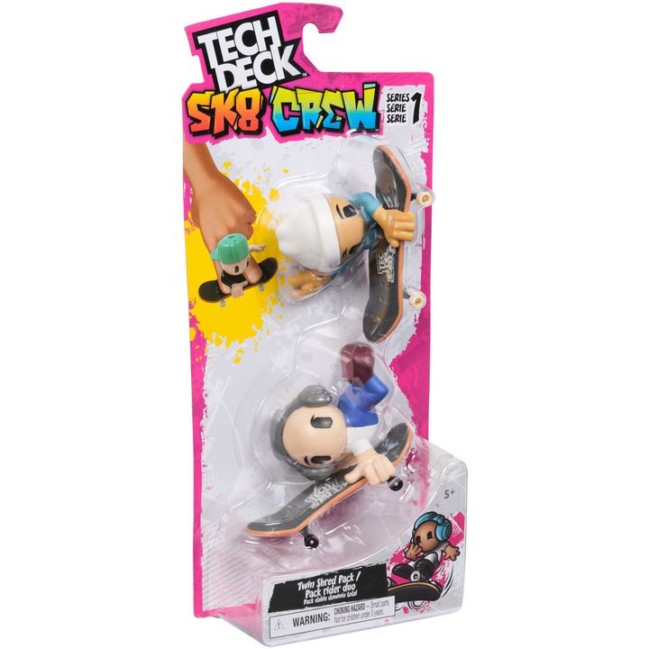 Комплект Tech Deck - SK8 Crew, 2 скейтборда и 2 фигурки, 9.6 см, Бяла каска и сиви слушалки
