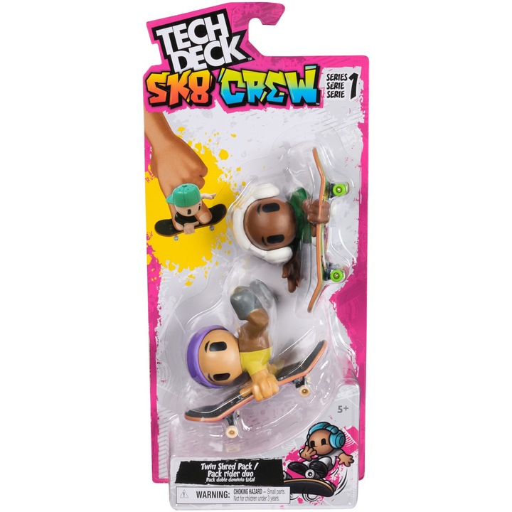 Комплект Tech Deck - SK8 Crew, 2 скейтборда и 2 фигурки, 9.6 см, Лилава каска и бели слушалки