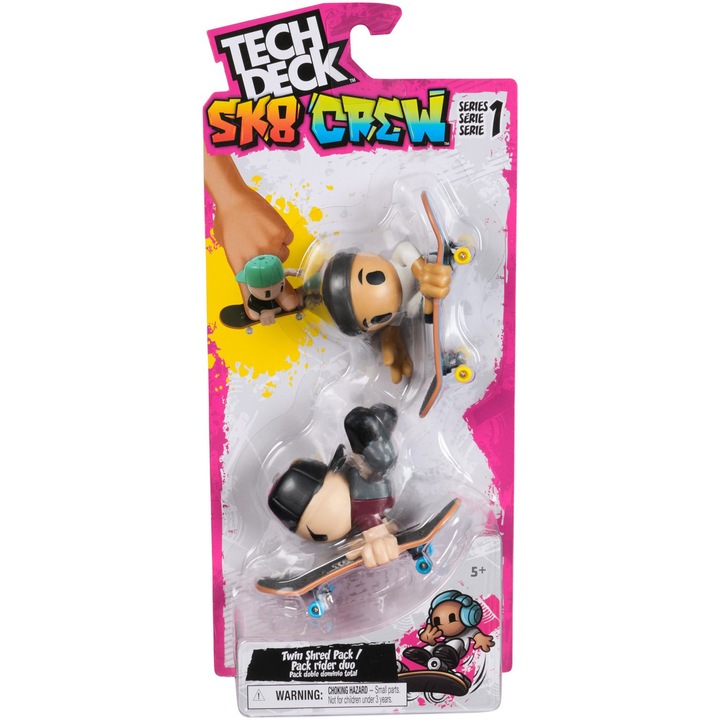 Комплект Tech Deck - SK8 Crew, 2 скейтборда и 2 фигурки, 9.6 см, Черна шапка и черна каска