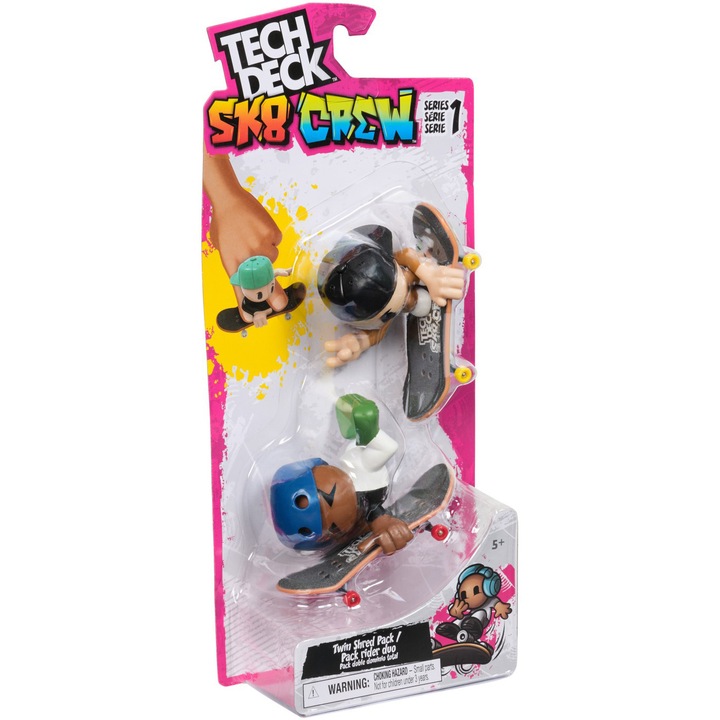 Комплект Tech Deck - SK8 Crew, 2 скейтборда и 2 фигурки, 9.6 см, Черна шапка и синя каска