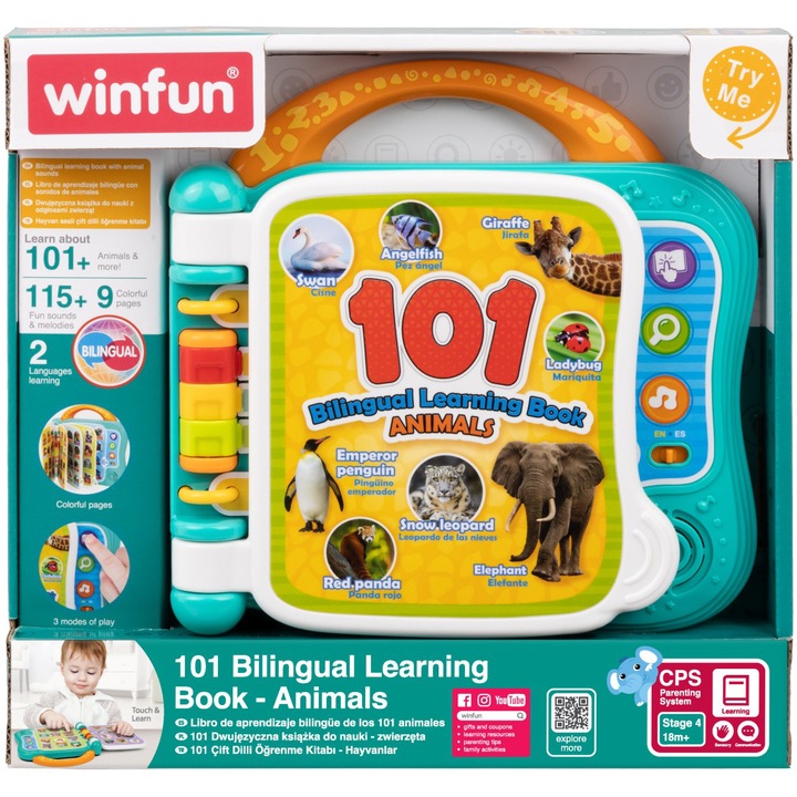 Интерактивна играчка Winfun - Книжка за учене на животни, Двуезична