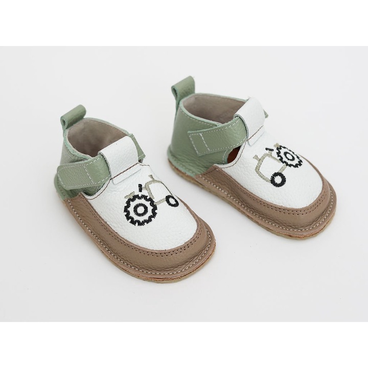 Pantofi Barefoot Macco, Primii Pasi, Talpa Flexibila si Antiderapanta, Hand-Made, Piele Naturala, Alb/Verde pal/Multicolor