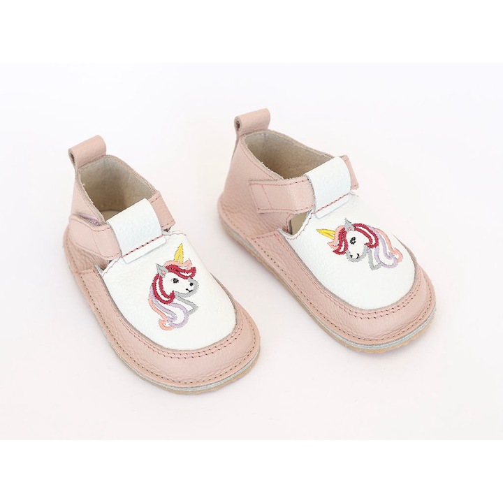 Pantofi Barefoot Macco, Primii Pasi, Talpa Flexibila si Antiderapanta, Hand-Made, Piele Naturala, Alb/Roz/Multicolor