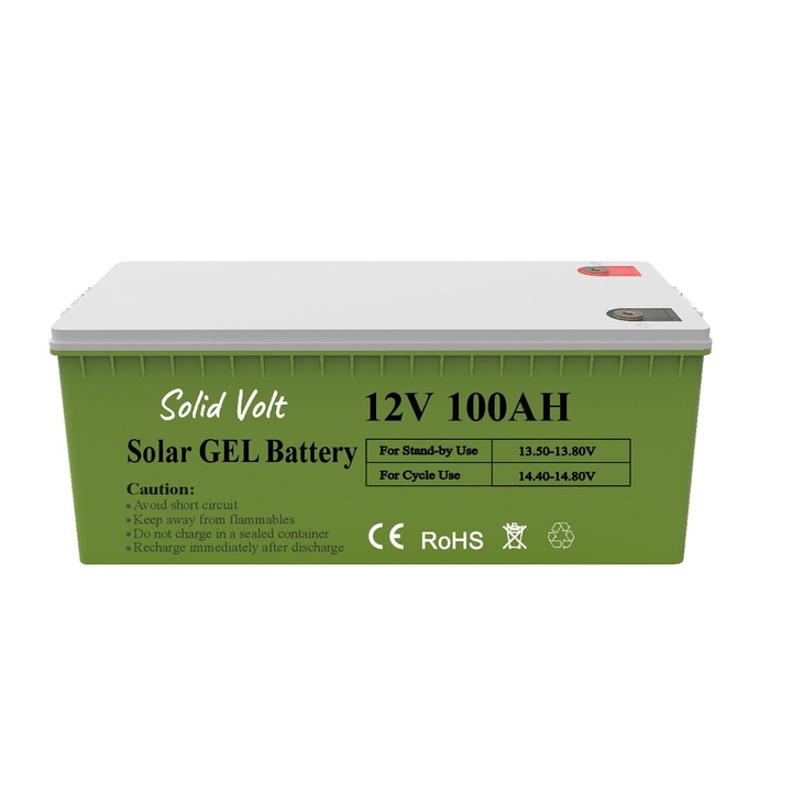 Baterie 100Ah 12V gel solar pentru sisteme fotovoltaice, acumulator stationar solar, rulota, autorulota, sistem solar off-grid, cabana, container, durata de viata 10+ ani, Solid Volt