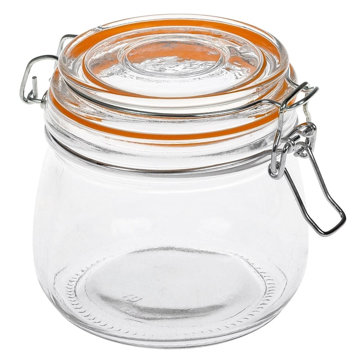 Borcan de depozitare din sticla transparenta Antbro®, cu capac de siguranta si inel de silicon, 500 ml