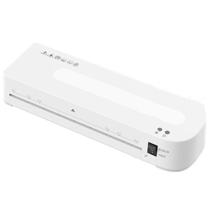 Laminator, mic, dimensiuni multiple, birou acasa, foto, preincalzire rapida, zgomot redus, temperatura constanta, derulare cu o singura atingere, alb