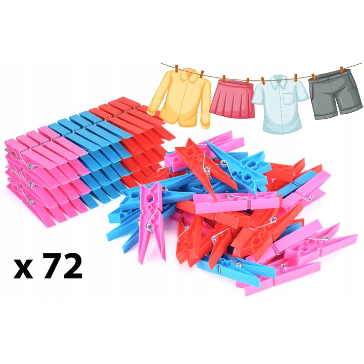 Set 72 clesti de rufe, Gigant, Design anti-alunecare, Portabil, Rezistenta la umiditate, Usor de utilizat, Ergonomic, Pentru prosoape, cravate si esarfe, 8.4x1x1.8 cm, Multicolor