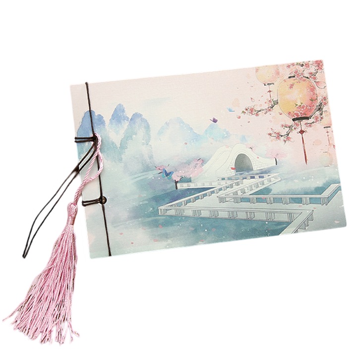 Retro kínai stílusú dekoratív jegyzetfüzet bojttal, virágokkal, készlettel, papír anyaggal