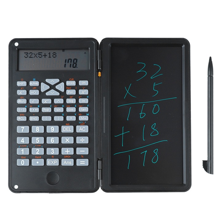 Научен калкулатор + стилус, Cozevdnt, пластмаса, LCD дисплей, 15 x 9 x 2 см, черен