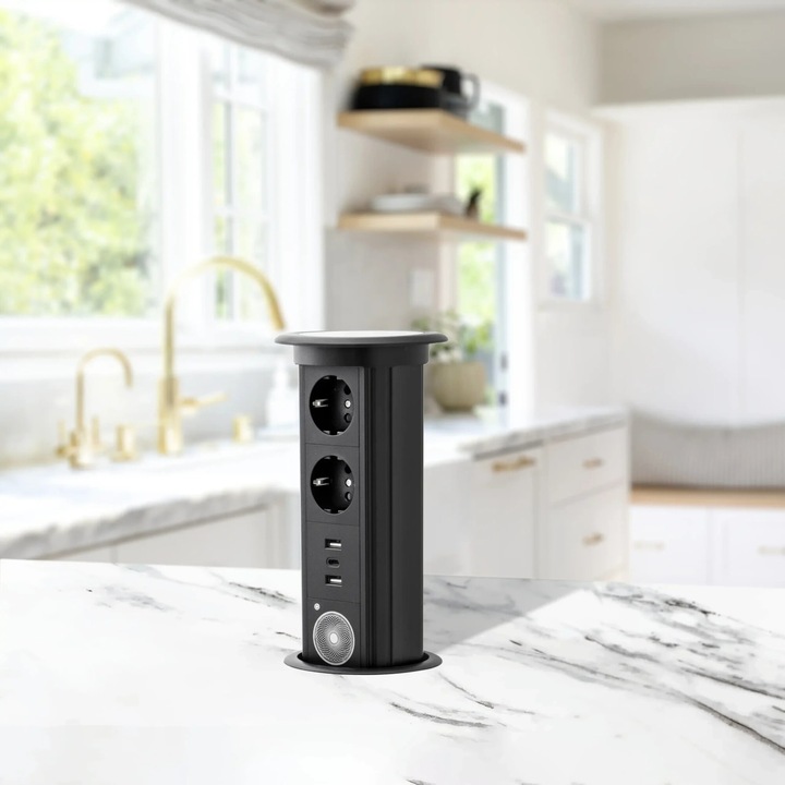 Автоматично изскачащо интелигентно повдигащо се гнездо Vichema, вградено в плота, мебелите, бюрото, интелигентно зареждане от безопасно стъкло и алуминиева сплав, 1x bluetooth високоговорител, кула, EU щепсел и USB-C, черен