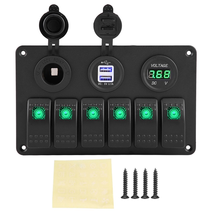 6-позиционен бутонен панел, двоен USB, волтметър, 12V/24V, черен, 18x11cm