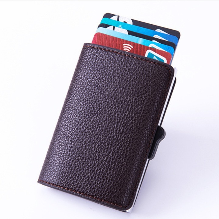 Portofel pentru Carduri, Brown, Slim, 5-6 carduri, Piele ecologica de inalta calitate, slot din aliaj de aluminiu cu design RFID, 9.8 cm inaltime, 6.5 cm latime, 2 cm grosime