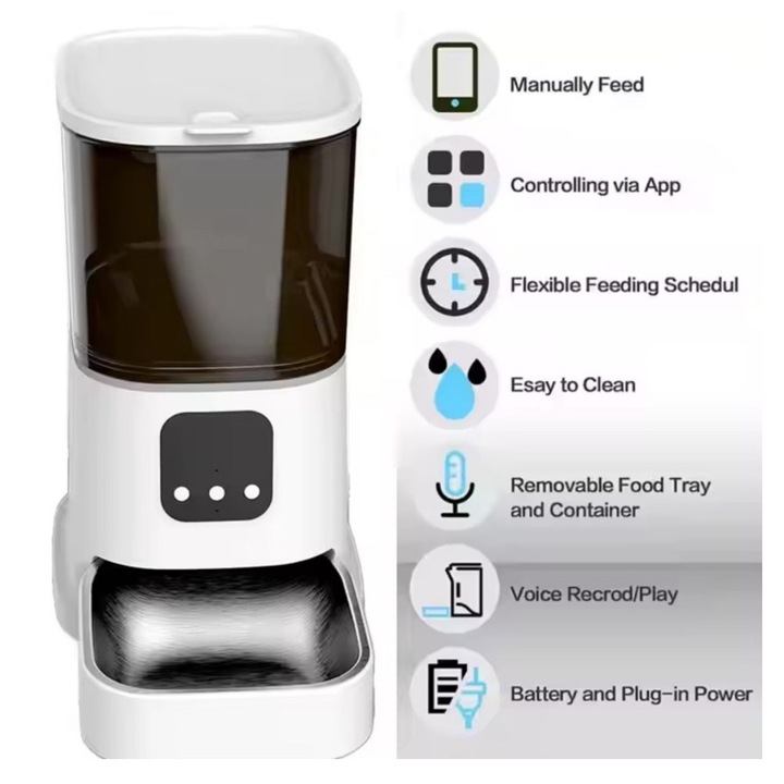 Dispenser Hrana Automat pentru Caini si Pisici, WIFI, Aplicatie, Controlul Portiei, Programabil, Alimentare Dubla, 6L, 19 x 22 x 34 cm