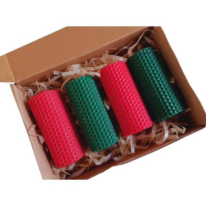 Lumanari Craciun, Set 4 buc rosii si verzi din ceara de albine, H-10CM, D-4 CM