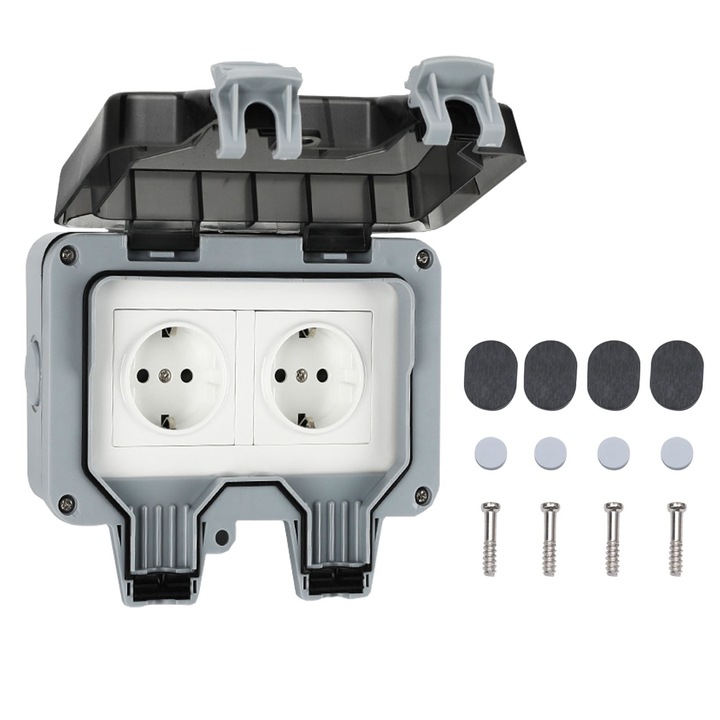 Priza dubla exterior, ezistenta la apa si praf, Priza exterioara etansa, IP66, gri, 220V/16A, potrivit pentru gradinari