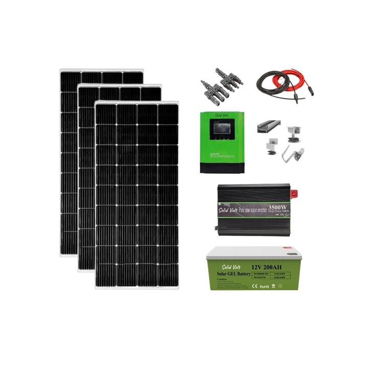 Kit fotovoltaic solar off-grid 600W cu 3 panouri de 200W, invertor sinus pur 7000W, controller MMPT 60A, baterie solara cu gel 200 Ah, cabana, rulota, locuri izolate, container, Solid Volt