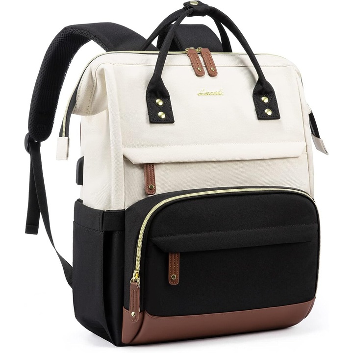 Rucsac pentru laptop pentru femei, 15, 6 inchi rucsacuri de lucru pentru afaceri geanta cu port USB, geanta pentru asistenta de capacitate mare, geanta pentru scoala, rucsac casual impermeabil pentru calatorie, negru-alb-maro