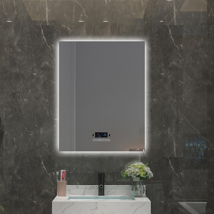 Oglinda Smart Led, Bluetooth, 3 Culori, 5 mm, senzor, afisaj timp, temperatura, dezaburire, Touch, 70-90 cm, Rubin