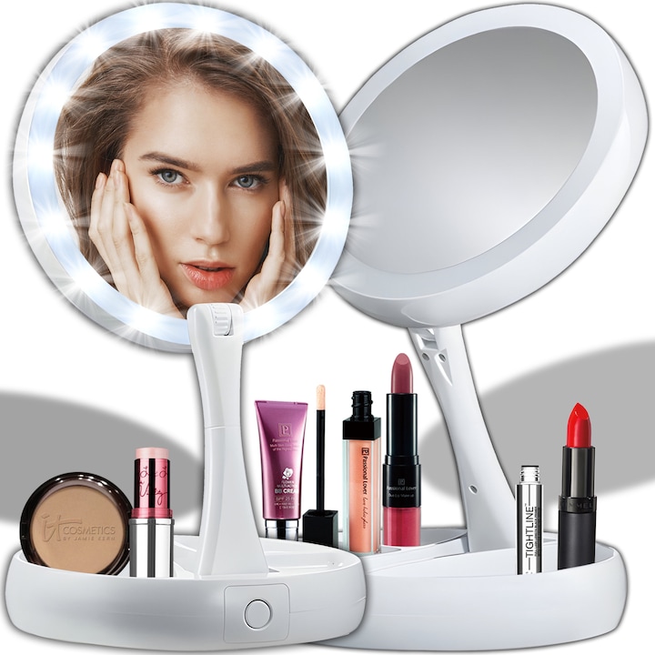 Oglinda Cosmetica Pentru Machiaj Cu Iluminare LED RETOO BeautyCare, 2 Fete, Rotire 360º, Pliabila, Magnificare 10X, Diametru 12.5cm, Baza Cu 3 Compartimente, Alimentare USB Sau Baterii, Design Elegant, Luminozitate Reglabila, Ideala Pentru Precizie, Alb