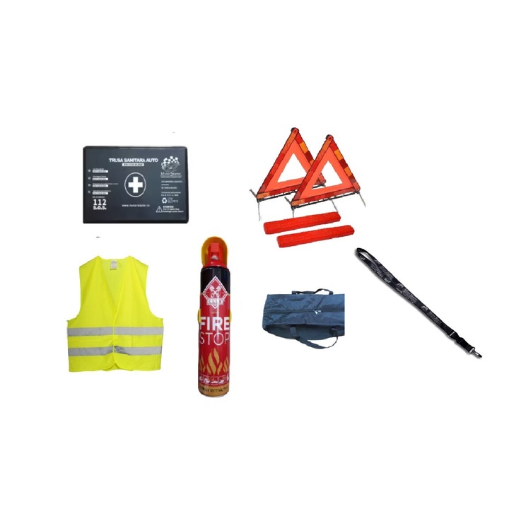 Kit siguranta auto omologat R.A.R si ANMDMR cu valabilitate 5 ani, 1x Trusa prim ajutor, 2 xTriunghiuri,1x Stingator tip spray 1000ml, 1xVesta reflectorizanta alaturi de Geanta pentru depozitare, breloc gat Motor Starter