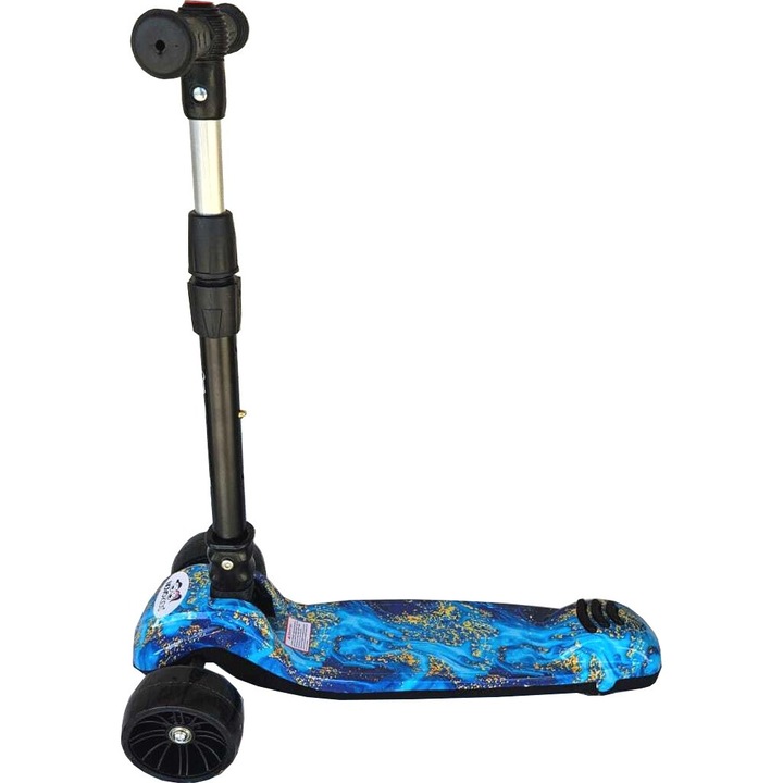 Trotineta copii cu roti luminoase din silicon NOVOKIDS™ Mini Scooter 8150, Cu melodii si lumini, 3 roti, Pliabila, Maner reglabil pe inaltime, Maxim 50 kg, Design modern, Albastru Camouflage