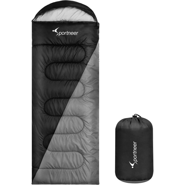 Sac De Dormit Pentru Adulti, Sportneer, 4 Anotimpuri, Impermeabil, Husa Transport, Black Grey