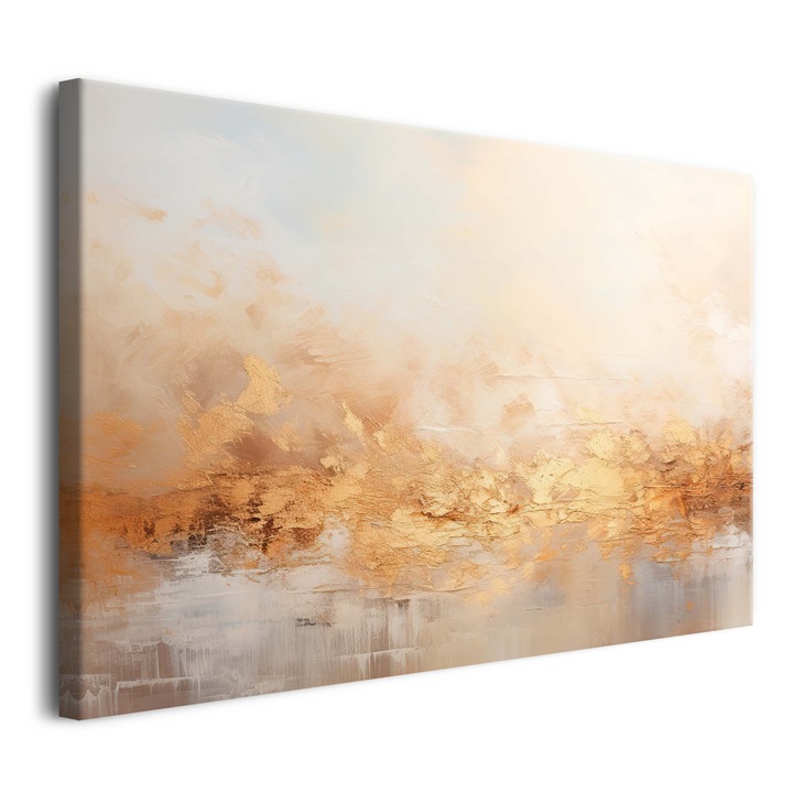 Decor mural pentru camera de zi, tablou pe panza auriu abstract, 60x90 cm