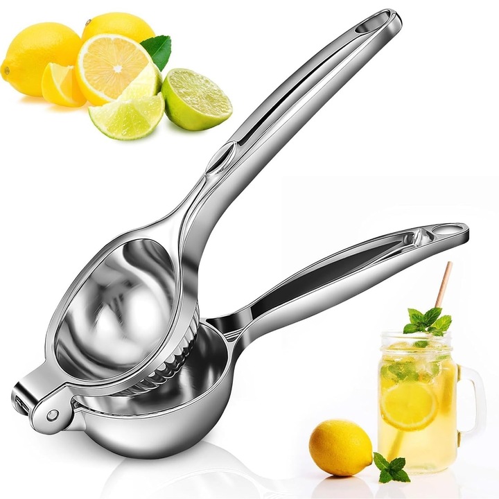 Storcator manual citrice, Axroad Mall, Design ergonomic, 20.5x7x4 cm, Maner confortabil, Pentru portocale, lamai, mere, diverse fructe si legume, Otel inoxidabil, Argintiu