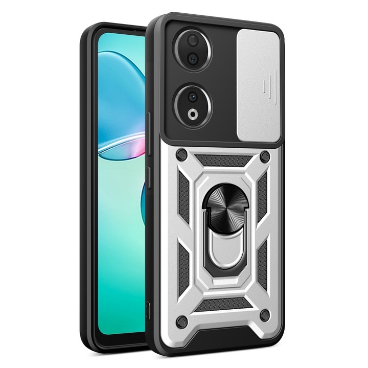 Husa pentru Honor 90 Lite Premium Hybrid Armor Kickstand, Slider Camera, Antisoc, Protectie Superioara, Argintiu