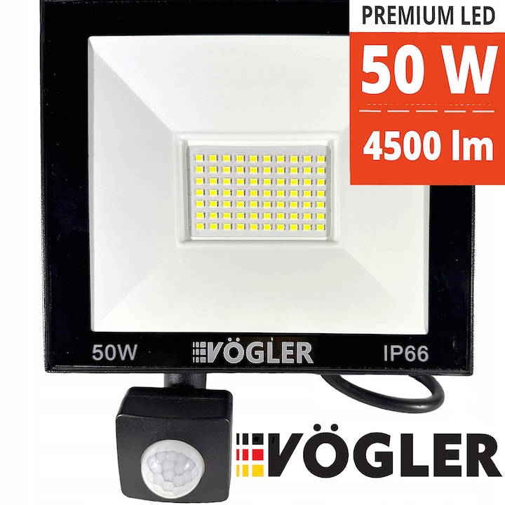 Proiector LED 50W VÖGLER™ 4500 lm, senzor de miscare si crepuscul, subtire, alb rece 6500 K, halogen, reflector, luminator, floodlight de iluminat