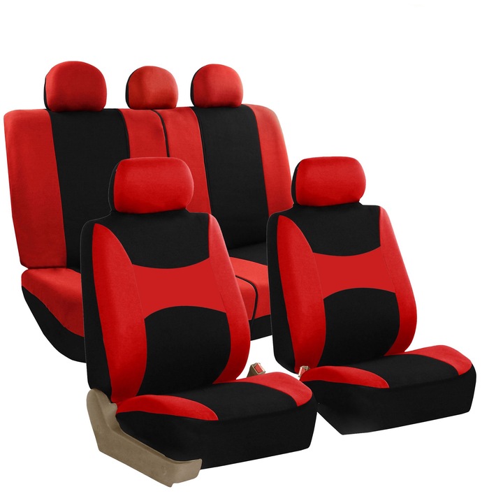 Set 4 huse scaune/5 huse tetiera auto, compatibile airbag lateral, elastice, negru/rosu, universal, textil
