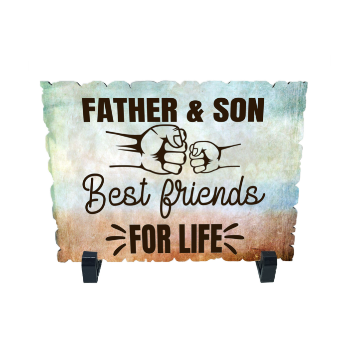 Placheta gift shop cu picioruse si mesaj father and son best friends for life, model 2, material lemn cu print uv, dimensiuni 198x138 milimetri
