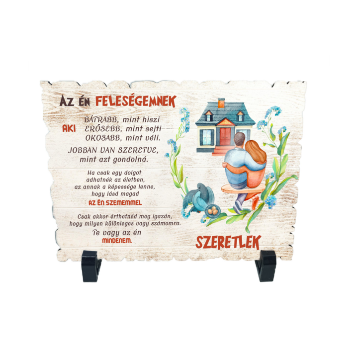 Placheta gift shop cu picioruse si mesaj az en felesegemnek, material lemn cu print uv, dimensiuni 198x138 milimetri