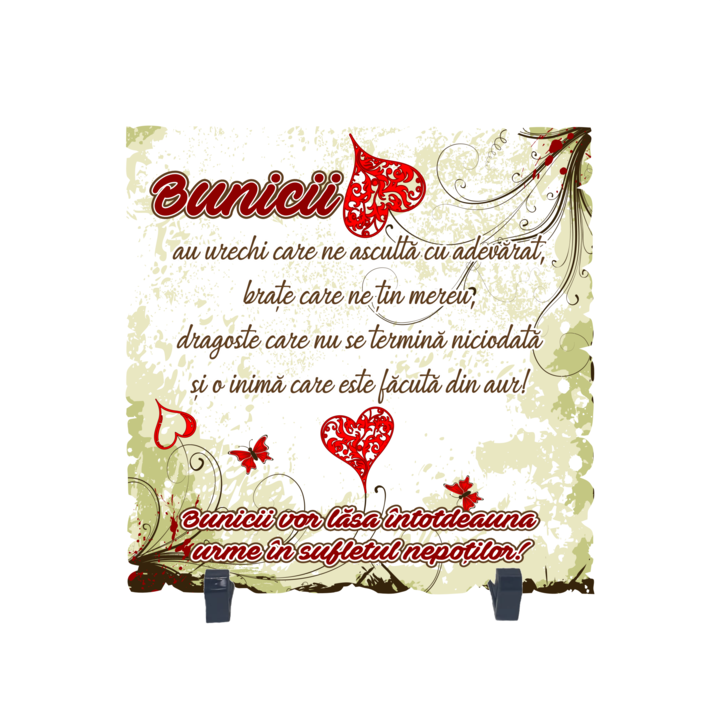 Placheta gift shop cu picioruse si mesaj bunicii au urechi care ne asculta, model 2, material lemn cu print uv, dimensiuni 198x198 milimetri