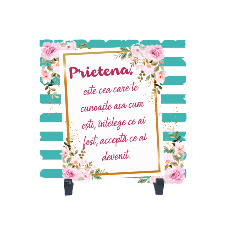 Placheta gift shop cu picioruse si mesaj prietena este cea care te cunoaste asa cum esti, model 1, material lemn cu print uv, dimensiuni 198x198 milimetri