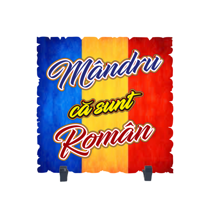 Placheta gift shop cu picioruse si mesaj mandru ca sunt roman, model 1, material lemn cu print uv, dimensiuni 198x198 milimetri