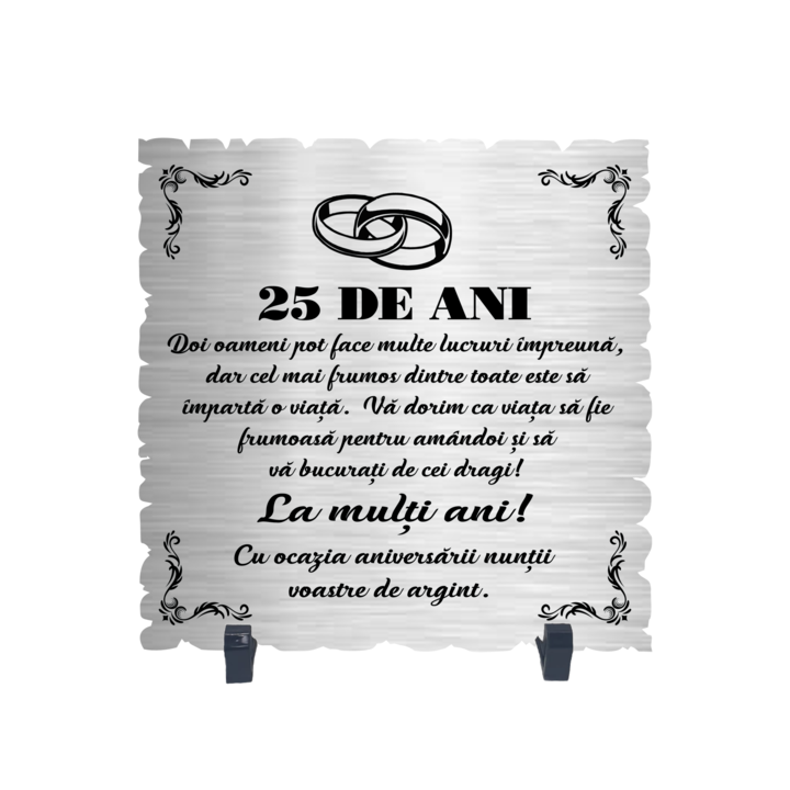 Placheta gift shop cu picioruse si mesaj aniversare 25 ani, model 1, material lemn cu print uv, dimensiuni 198x198 milimetri