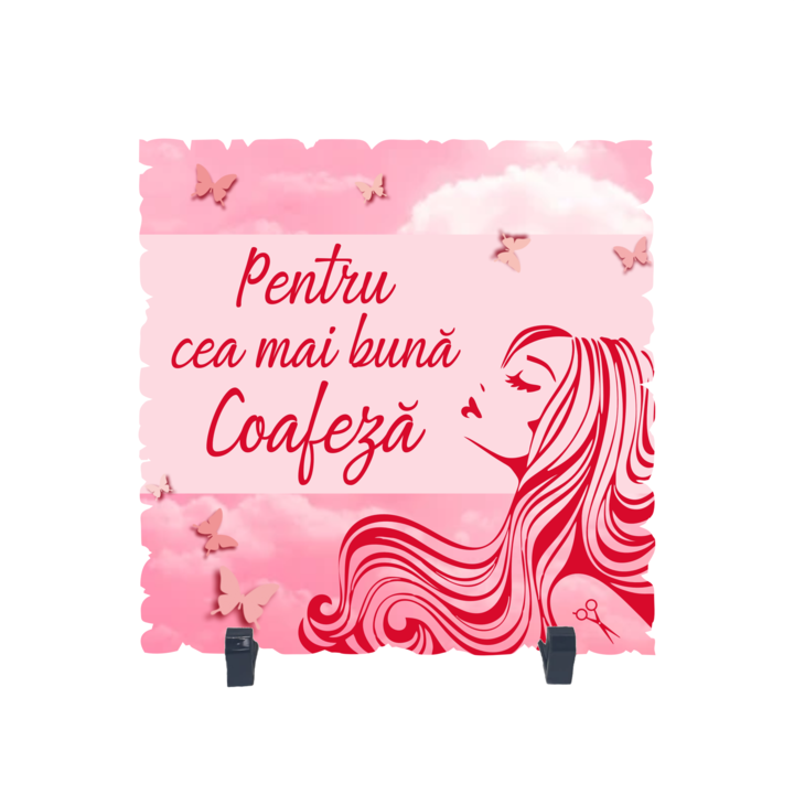 Placheta gift shop cu picioruse si mesaj pentru cea mai buna coafeza, model 1, material lemn cu print uv, dimensiuni 198x198 milimetri