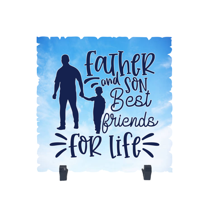 Placheta gift shop cu picioruse si mesaj father and son best friends for life, model 2, material lemn cu print uv, dimensiuni 198x198 milimetri