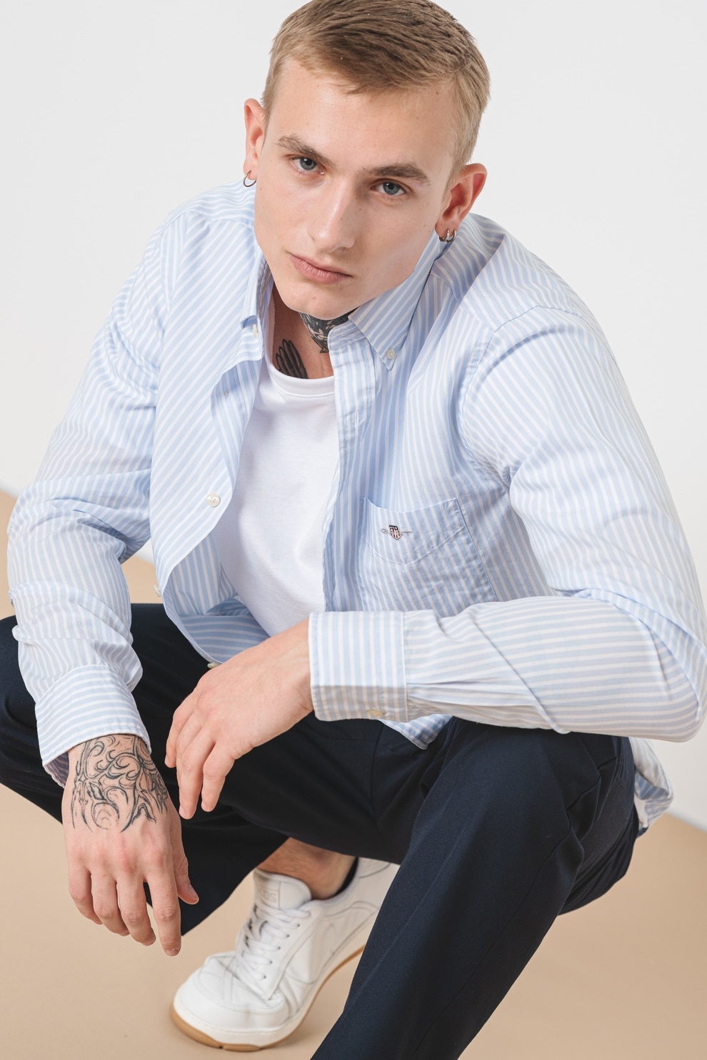 Gant, Camasa de bumbac cu model in dungi si maneci lungi, Alb optic, Albastru deschis, L