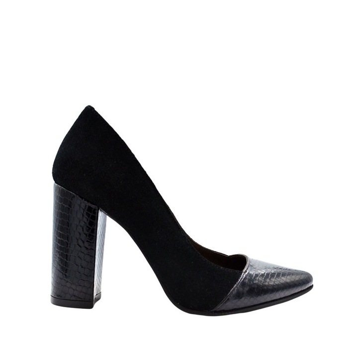 Pantofi dama stiletto toc gros din piele naturala negru 39