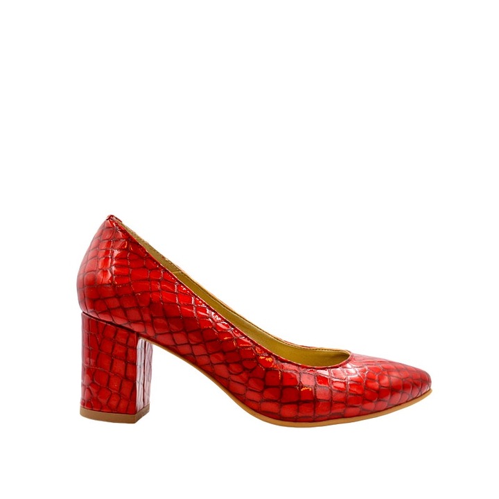 Pantofi dama pumps piele naturala croco cu toc gros rosu 40