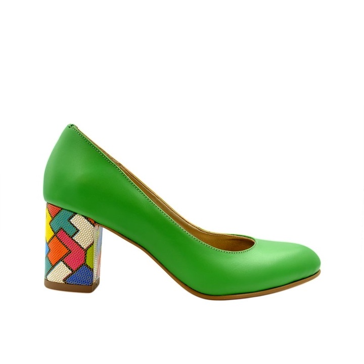 Pantofi de dama piele naturala cu toc gros multicolor verde 35